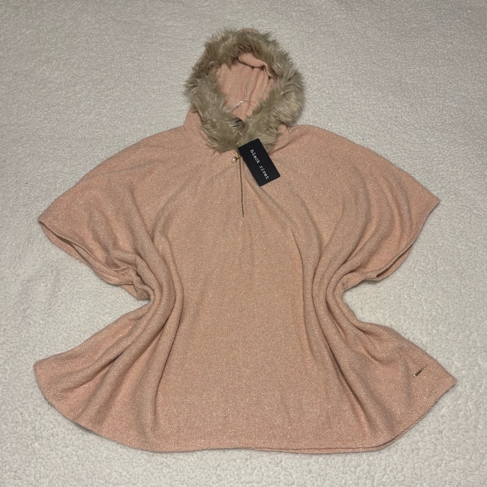 Black Rivet Women Pink and Gold Faux Fur Trim Hooded Poncho